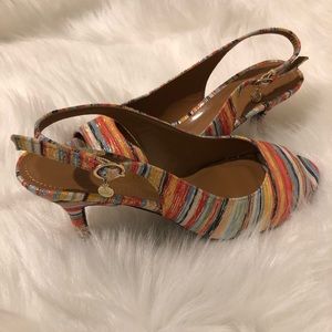 💗Super cute metallic stripe fabric high heels